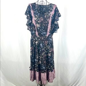 a.n.a Chic Black & Blue  Floral Midi Dress Women’s 1X Front Pockets Short Sleeve